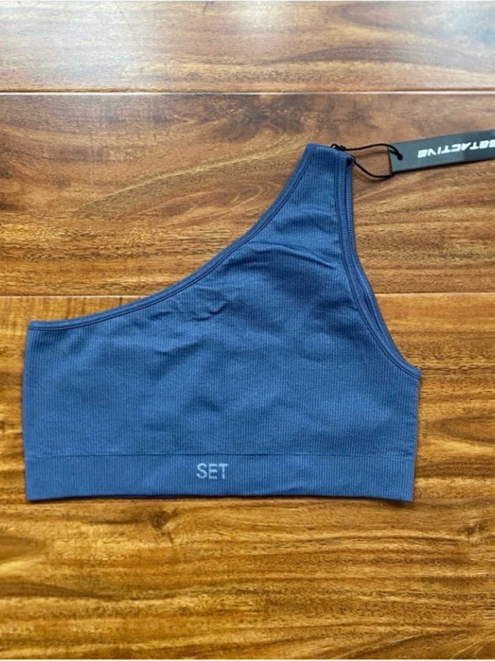 NWT New SET Active Women's Blue Gray One Shoulder Sports Bra Size XS/S Yoga Gym
